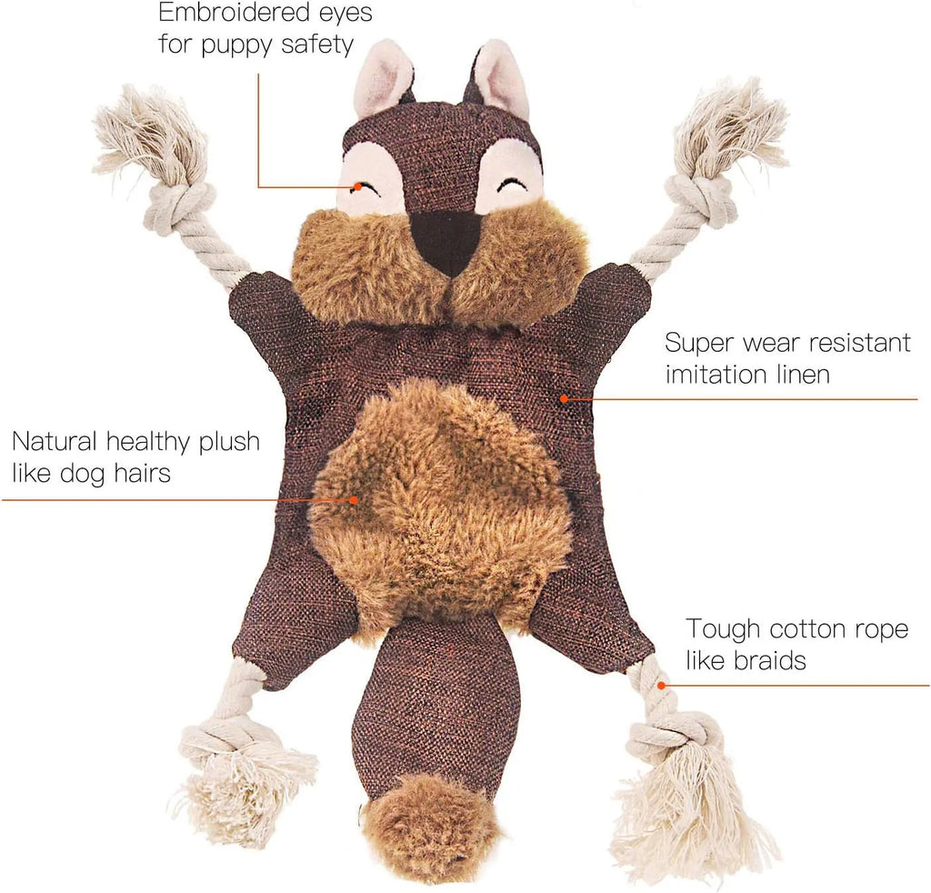 Fox-shaped plush dog toy with rope arms and legs in brown colour