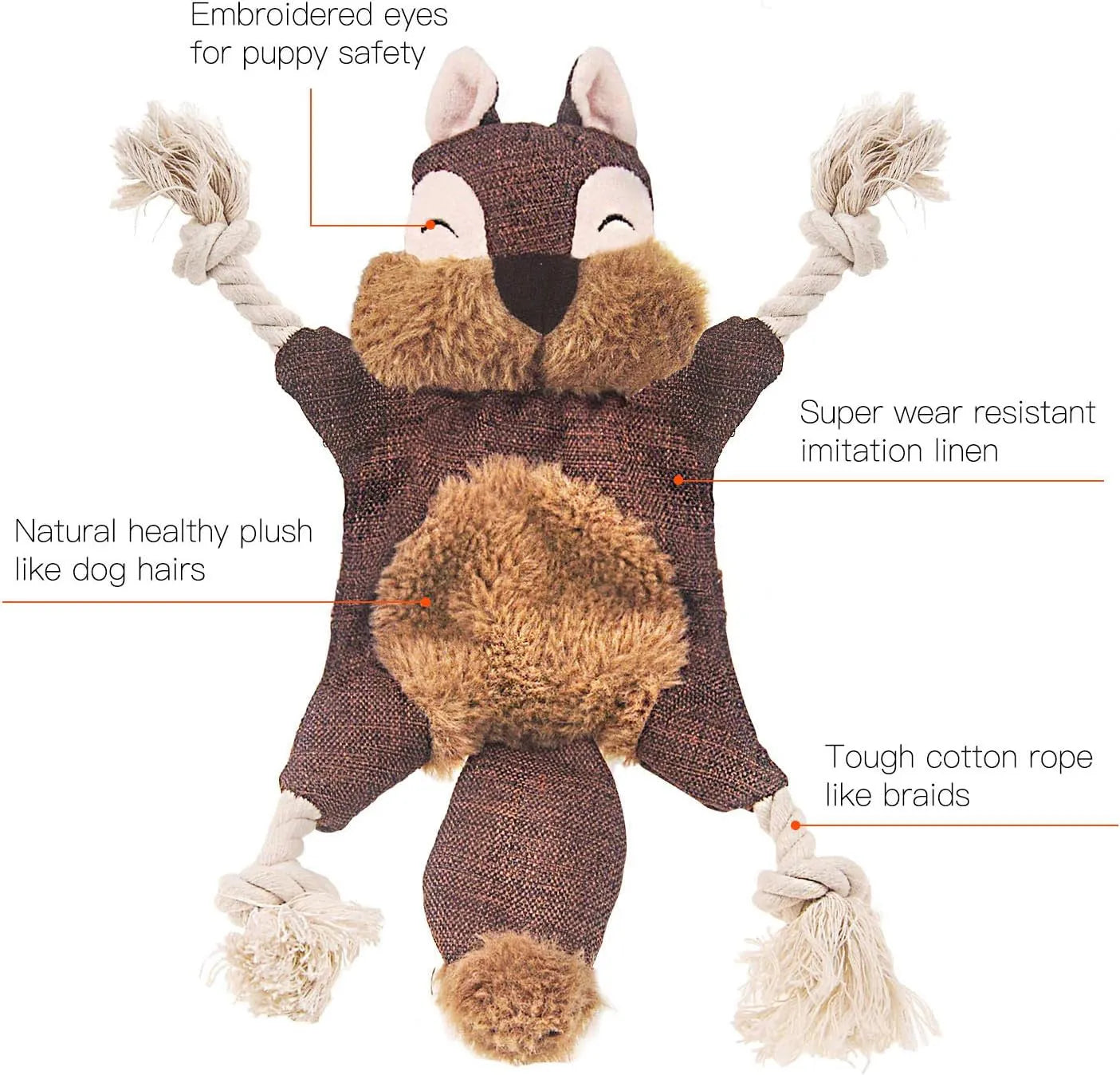 Fox-shaped plush dog toy with rope arms and legs in brown colour