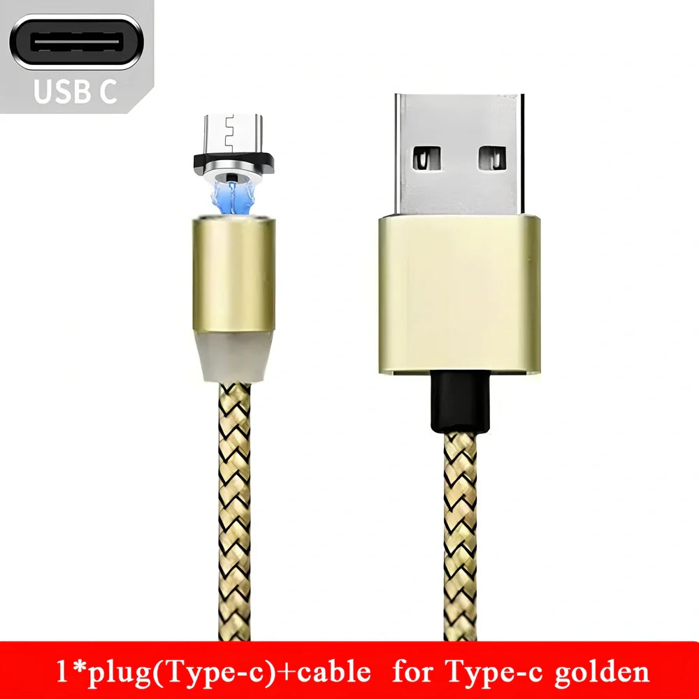 YBD 1m black magnetic LED charging cable with three-in-one plugs for iPhone and Android, showing N52 magnet connection