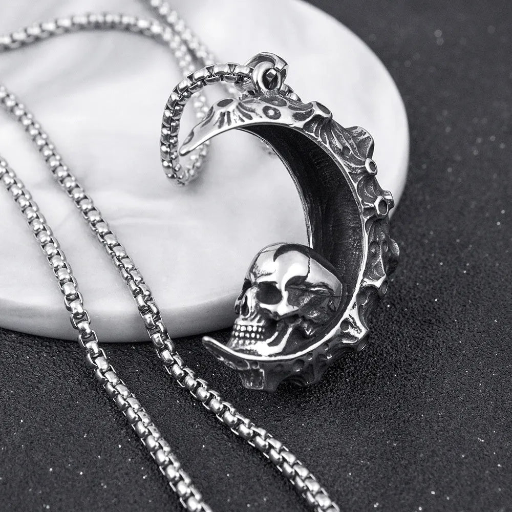 Silver men's skull necklace with stainless steel chain and alloy pendant in six design variations