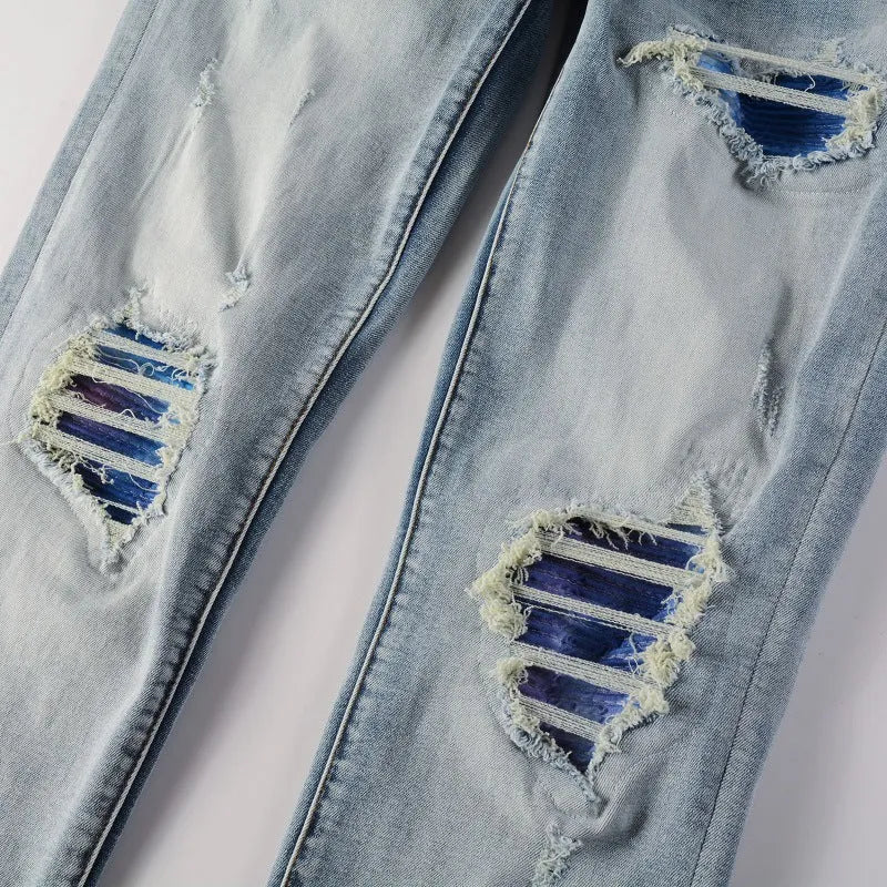 Distressed cat beard patch ripped stretch denim jeans for youth, mid rise, straight leg, cotton, sizes 28 to 40