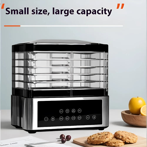 Silver stainless steel food dehydrator with 14 litre capacity and temperature control dial