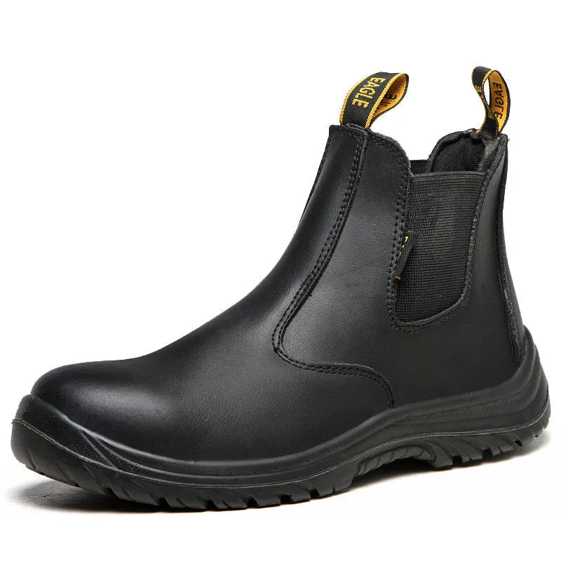 Black high-top leather safety work boots with anti-piercing sole on a grey background.