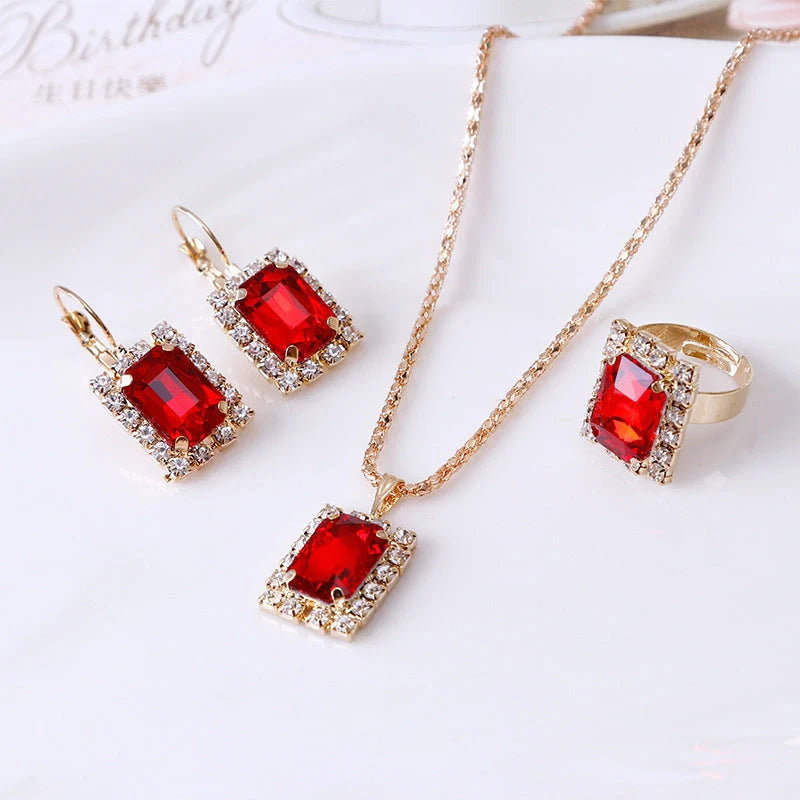 Elegant three-piece alloy jewellery set with diamond treatment in seven colours