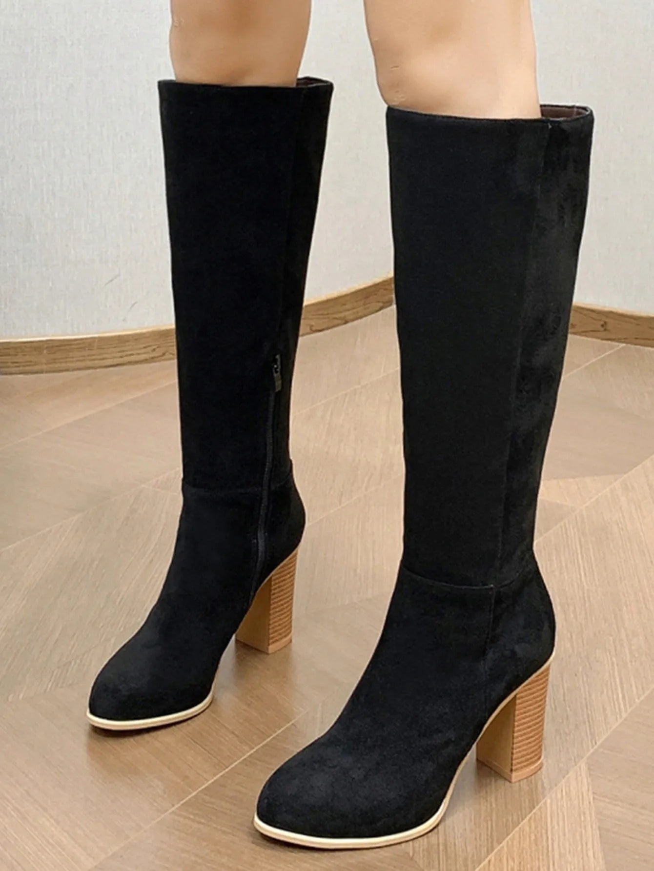 Women's square toe high heel boots in black or dark brown artificial PU material