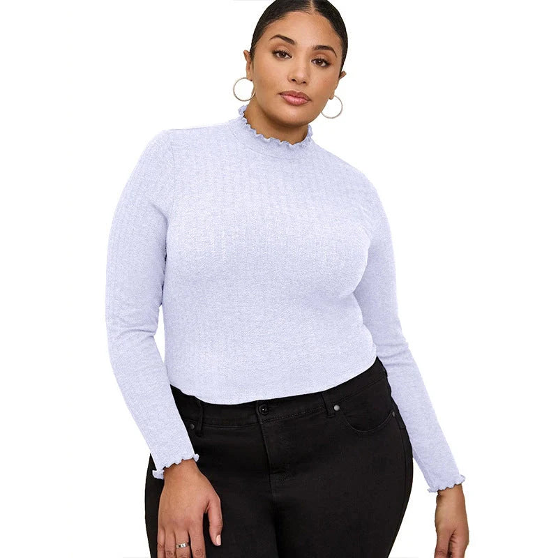 Women's rib sunken stripe half-high collar long sleeves t-shirt in various colors