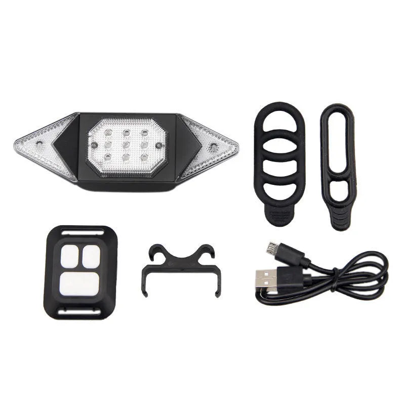 USB rechargeable bicycle turn signal LED light black with remote control mounted on handlebars