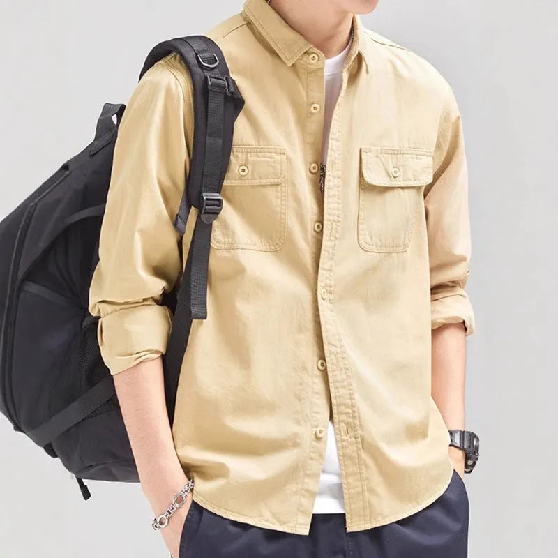 Man's loose fitting long sleeve cardigan shirt in light grey, black, khaki, or green.