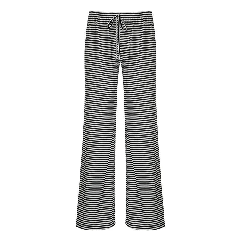 Women's striped print trousers with lace-up detail and wide-leg design in various colours