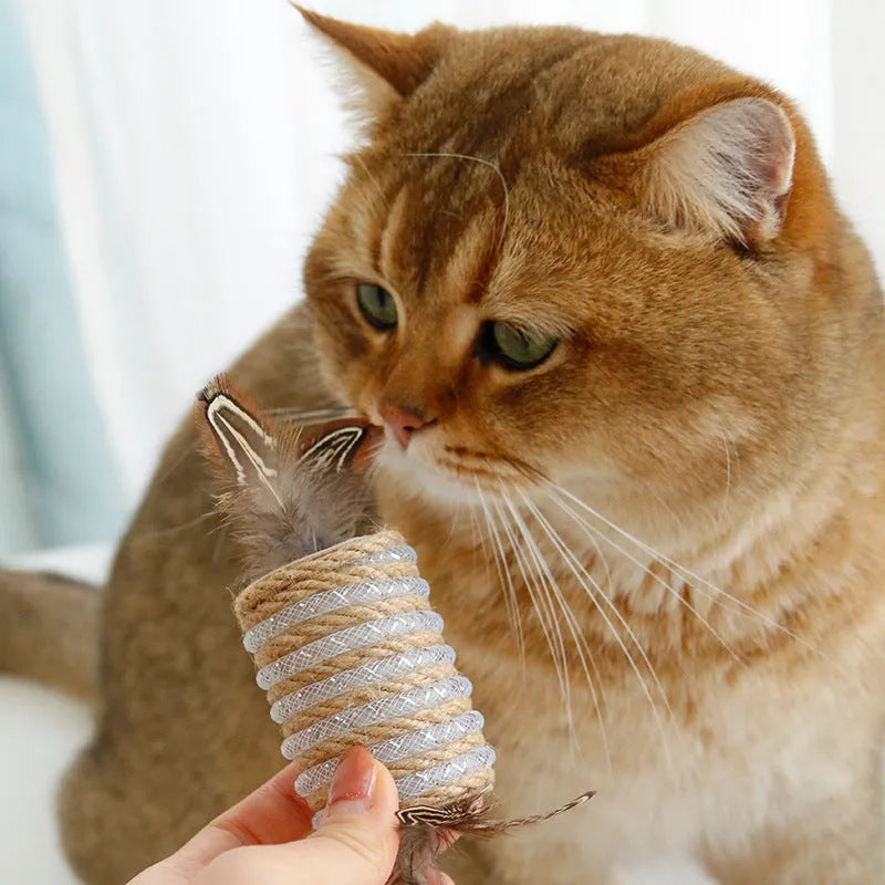 Beige cat toy with hemp rope scratching surface, attached feathers, and a roller for claw grinding.