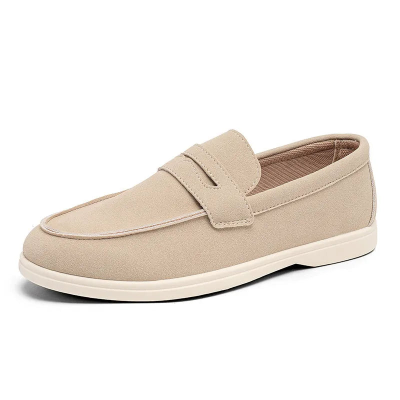 Men's suede casual shoes in beige with round toe, low flat heel, and vulcanised rubber sole.