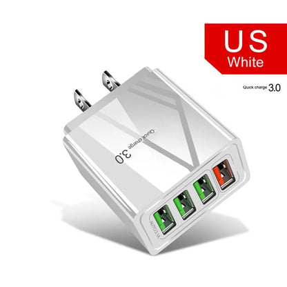 Illuminated 4USB Mobile Phone Charger with fast charging capability, available in black and white