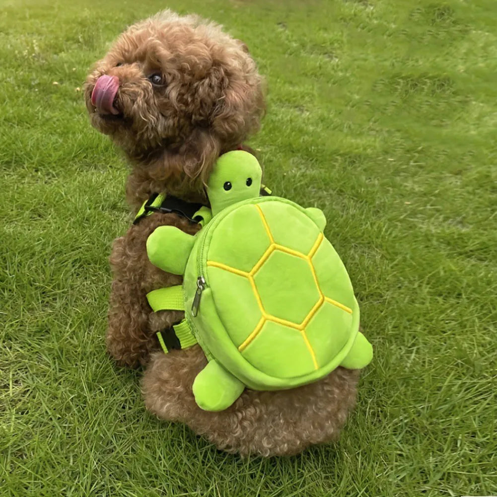 Brown turtle-shaped dog backpack harness vest with metal zipper for pet transportation