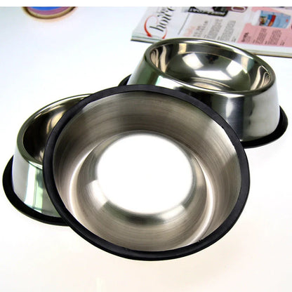 Stainless steel pet bowls with non-slip base, available in multiple sizes
