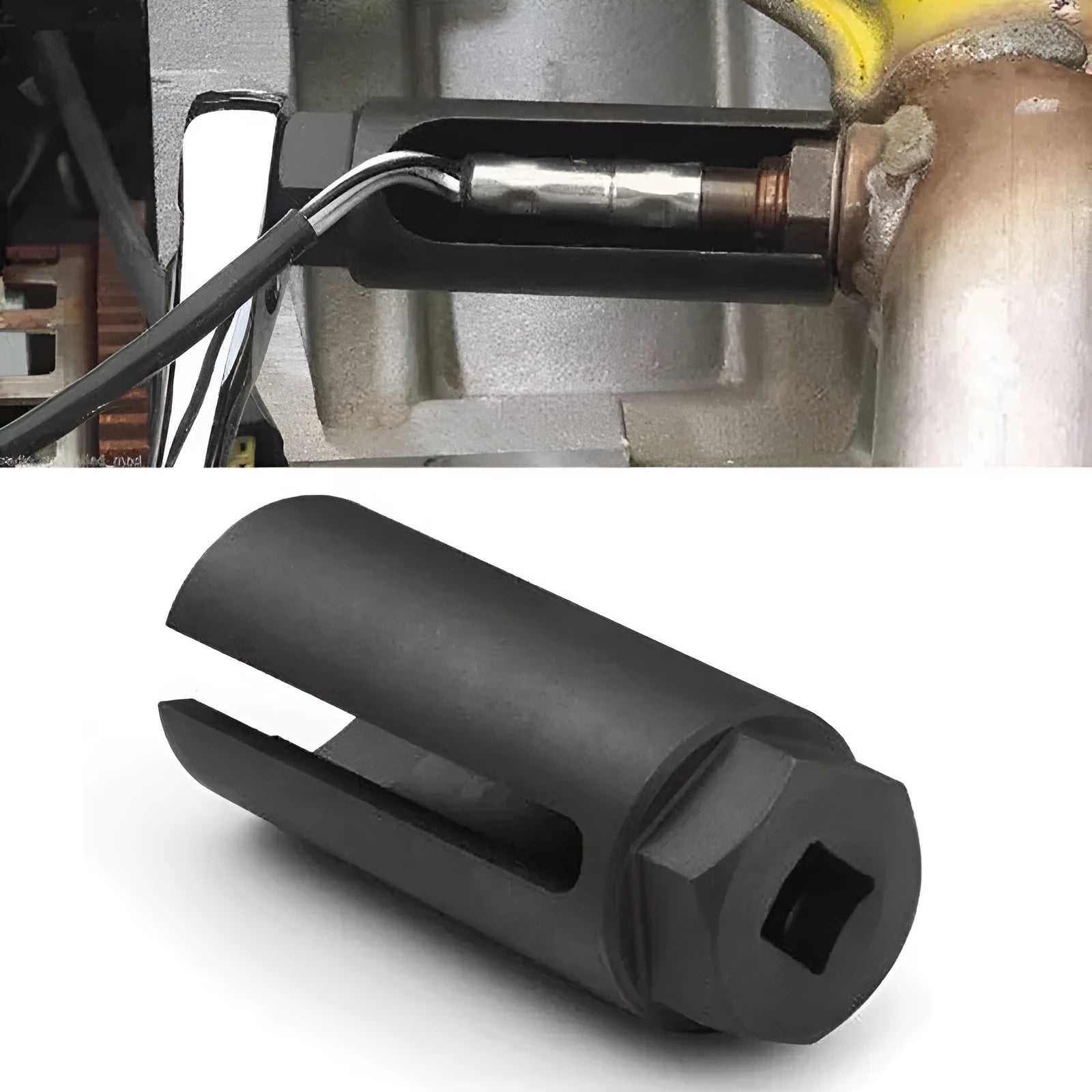 Black chromium vanadium steel oxygen sensor sleeve with 22mm thread for Japanese automotive applications.