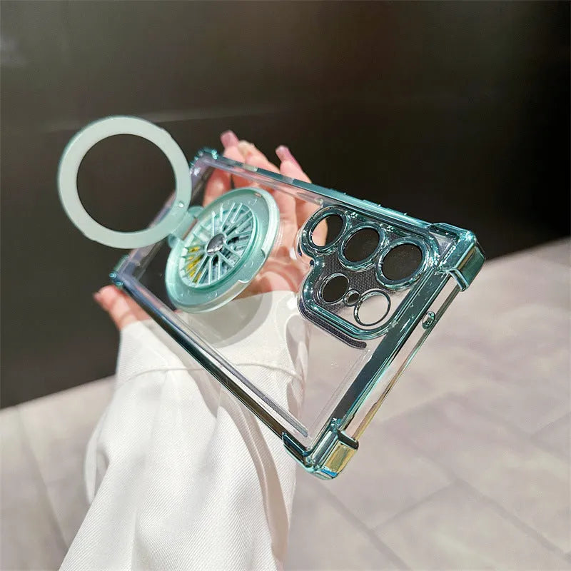 Samsung S23 phone case with electroplated finish, rotating gyro bracket, and magnetic suction in cool black colour