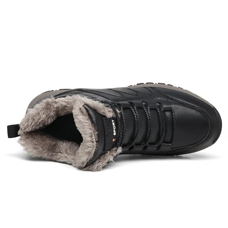 Men's winter boots with plush lining, black, lace-up style, artificial PU upper with cowhide finish, rubber sole