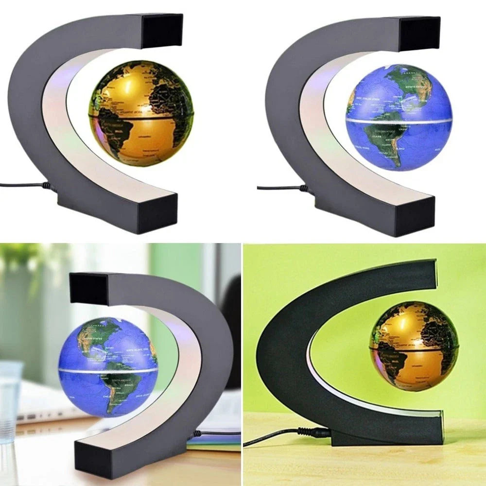 Magnetic levitation globe floating above base with LED light on