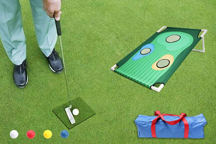 Green golf swing practice net with PVC frame and Oxford cloth target set up outdoors with balls and mat