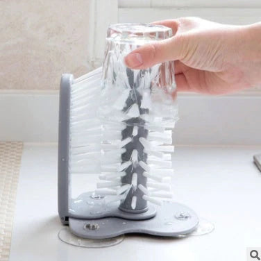 Double-head suction cup brush for cleaning glasses and cups, grey colour, compact size