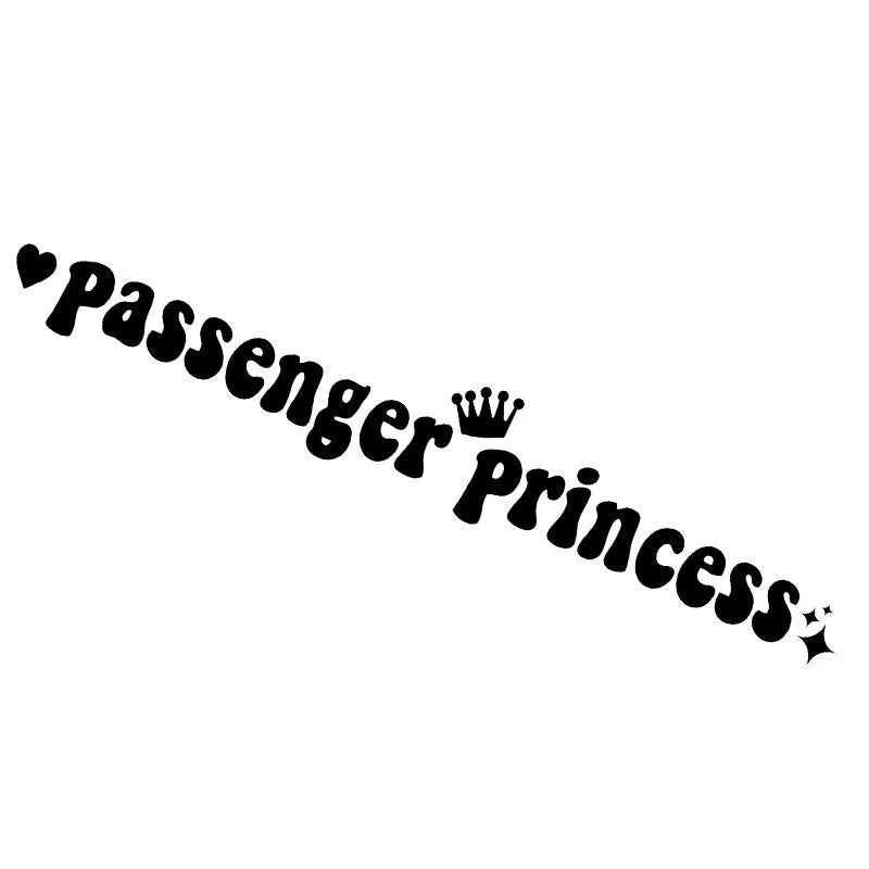Passenger Princess text on a black plastic car sticker for rearview mirrors, showing 15cm length.