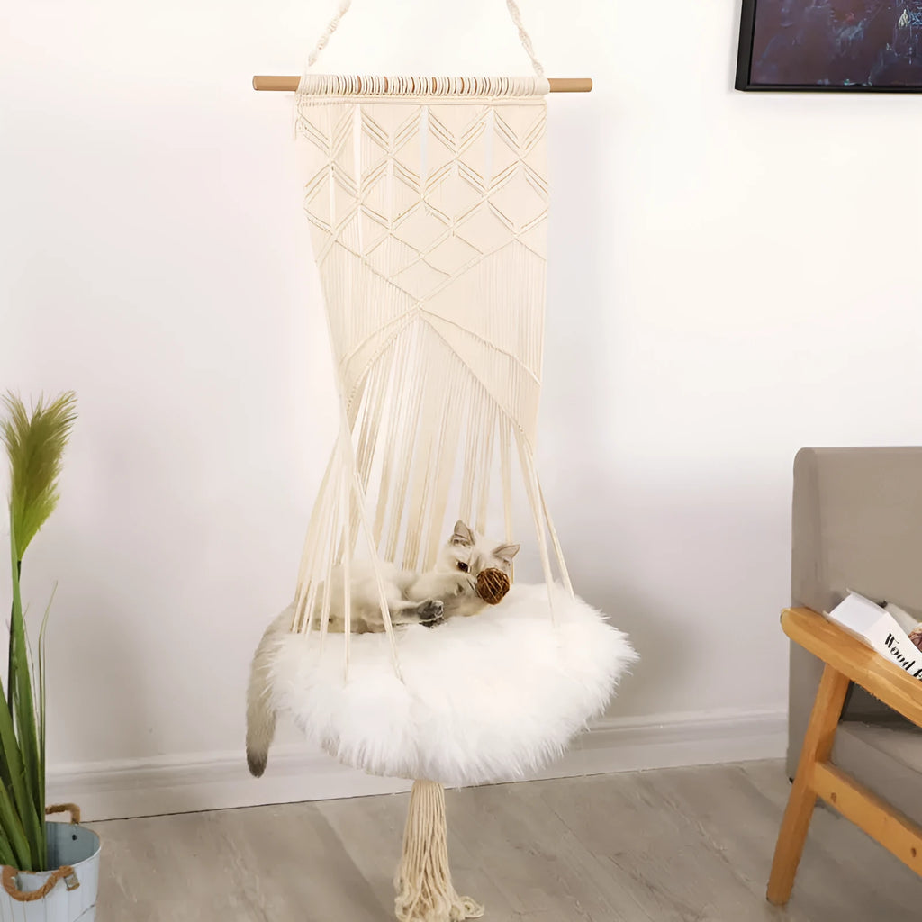 Handmade macrame pet swing cage cotton bed rectangular shape plain pattern European style