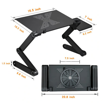 Adjustable aluminium laptop stand with cooling fan in black colour, showing height adjustment mechanism