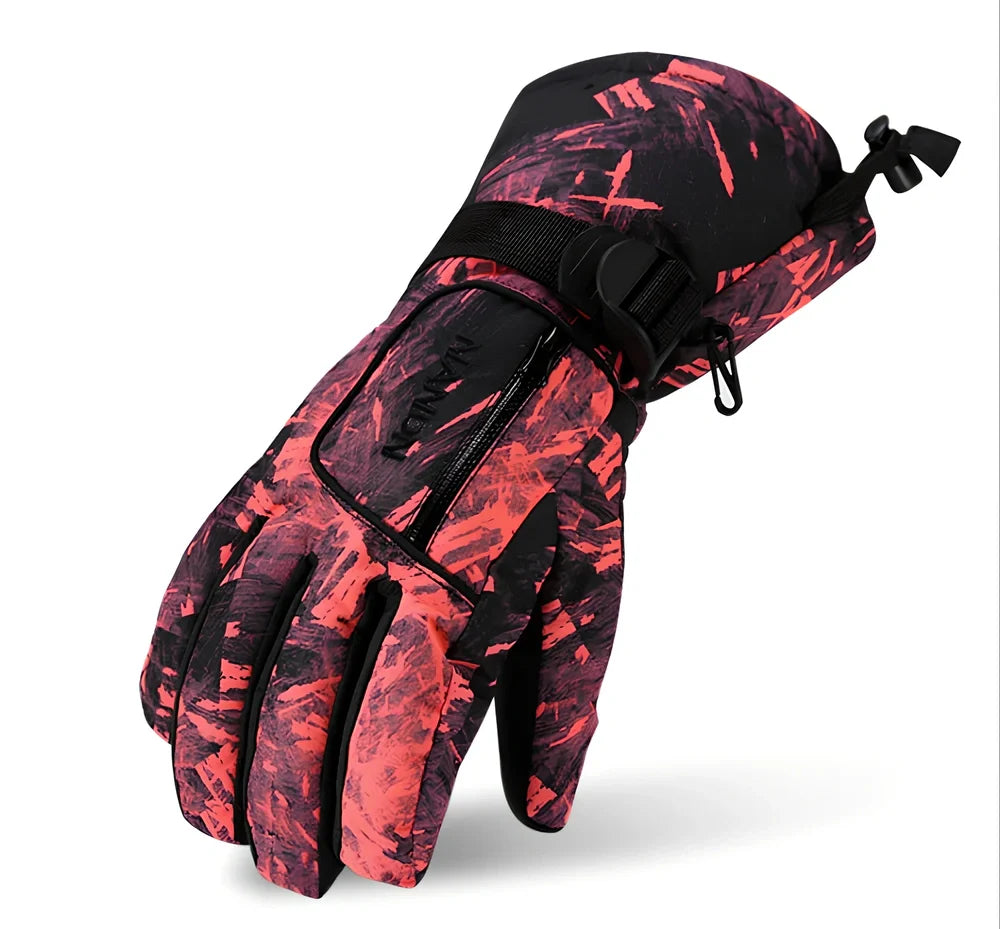 Black ski gloves with diamond-shaped anti-slip palm material for grip and durability, sizes S to XL available