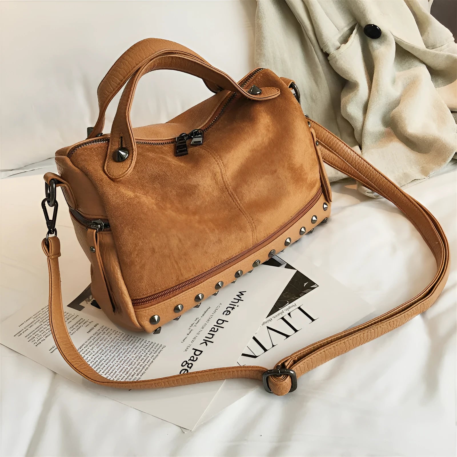 Soft PU leather women's casual tote shoulder bag in black, brown, or grey with zip closure.