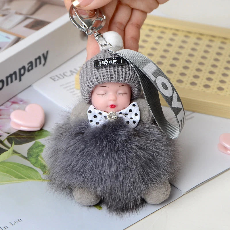 Hand-woven fox fur sleeping doll plush keychain pendant with or without bow