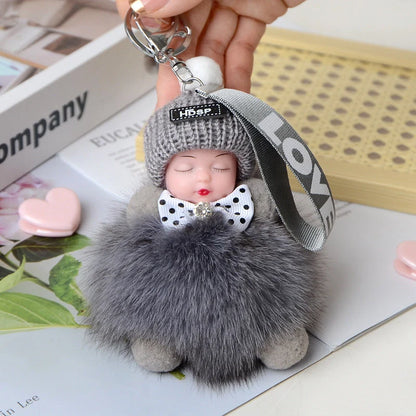 Hand-woven fox fur sleeping doll plush keychain pendant with or without bow