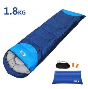 Blue camping sleeping bag with removable inner liner, compression straps, and waterproof 190T polyester shell