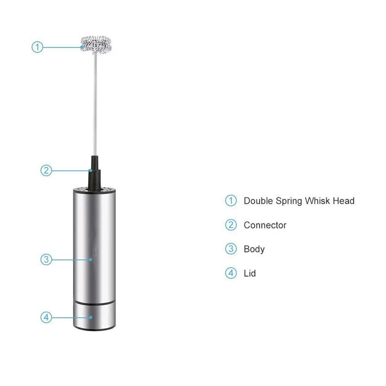 Handheld electric milk frother and blender in silver, with detachable whisk head