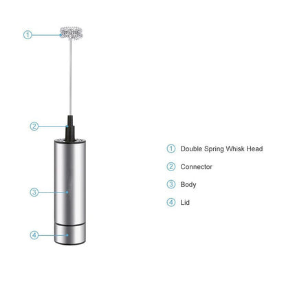 Handheld electric milk frother and blender in silver, with detachable whisk head