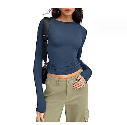 Women's slim-fit long-sleeved pullover top in solid colours
