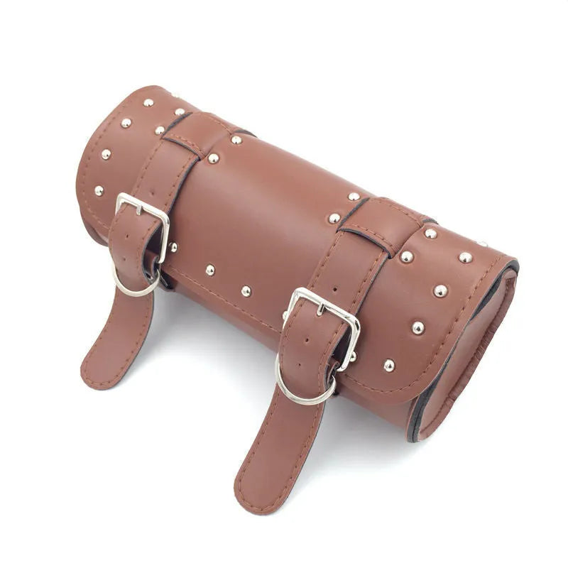 Black PU leather motorcycle side bag with tie ropes, 310x135x135mm, waterproof and wear-resistant