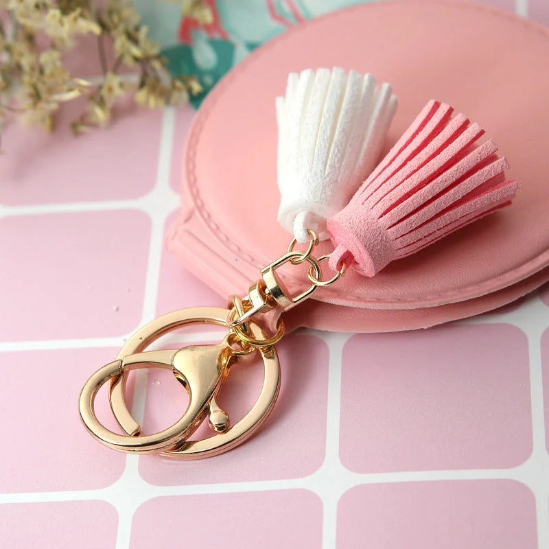 Mini round PU leather small mirror with tassel in various colours