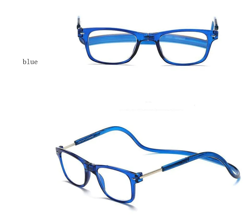 Portable magnetic reading glasses in pure titanium full frame with gray frame and red legs, adjustable neck hang design