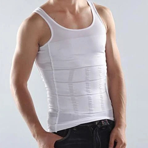 Men's black and white tummy shaping vest with U-neck design
