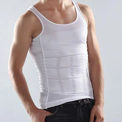 Men's black and white tummy shaping vest with U-neck design
