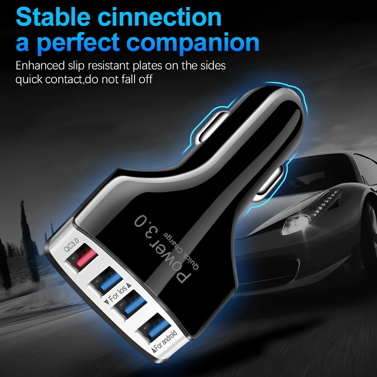 Black car 4-port USB charger with 3000mA output, PC fire-resistant material, fits 12-24V sockets