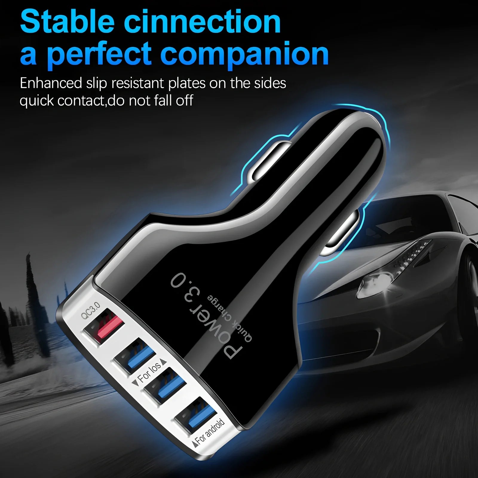 Black car 4-port USB charger with 3000mA output, PC fire-resistant material, fits 12-24V sockets