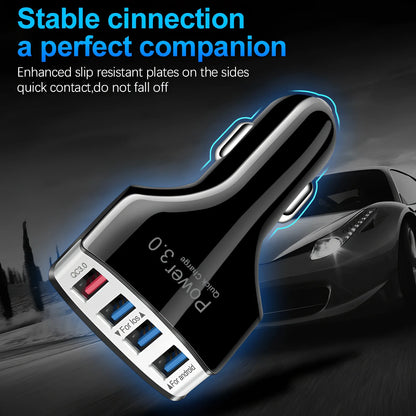 Black car 4-port USB charger with 3000mA output, PC fire-resistant material, fits 12-24V sockets
