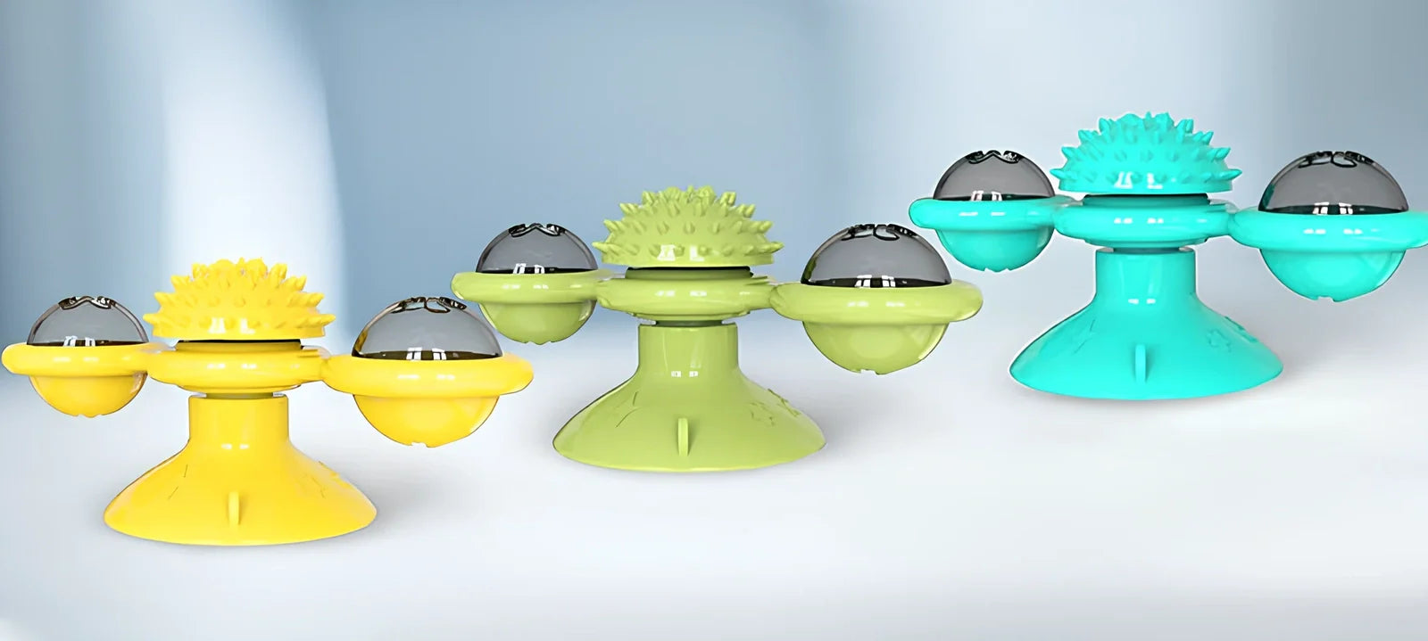 Yellow windmill cat toy with suction base, 158x74x69mm, transparent bins for balls, spinning blades and furry attachment