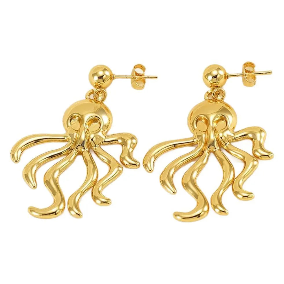 Gold octopus stud earrings made of stainless steel in minimalist retro style