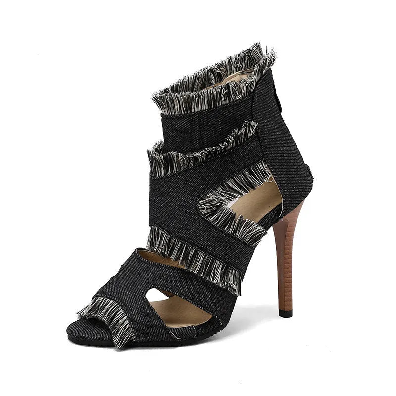 Women's plus size denim high heel sandals in plaid and leopard print, available sizes 32-50.