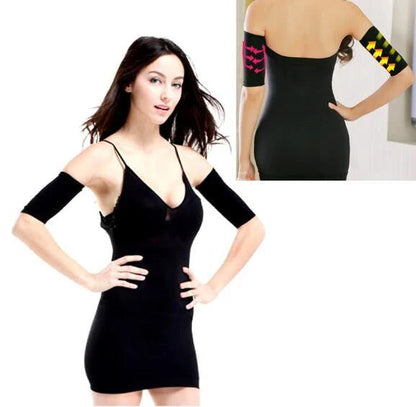 Compression arm shaping sleeves in black and natural colors, designed to slim and sculpt the arms