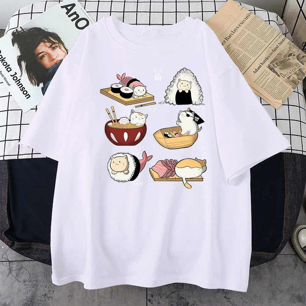 Men's cotton T-shirt with cat sushi cartoon print in multiple colour options