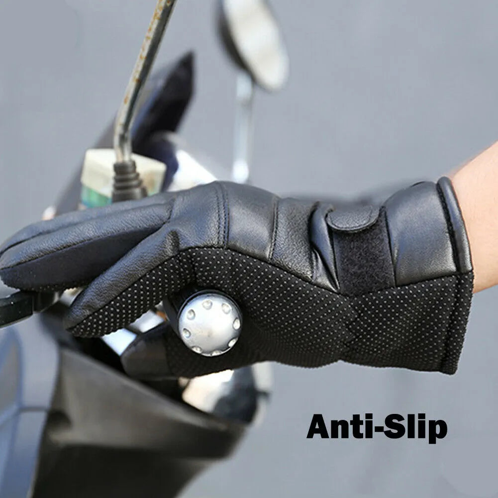 Winter electric heated gloves in black with adjustable palm sticker and touch screen compatible fingertips