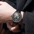 Men's mechanical watch with a transparent case back and a stainless steel strap in a choice of colours.